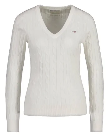 Pulover slim fit cu model torsade si decolteu in V, Alb murdar