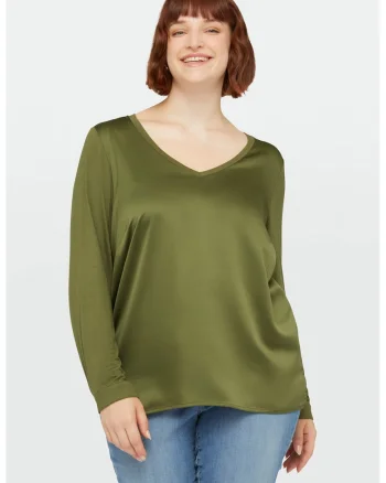 Bluza cu decolteu in V si partea din fata cu aspect de satin, Kaki