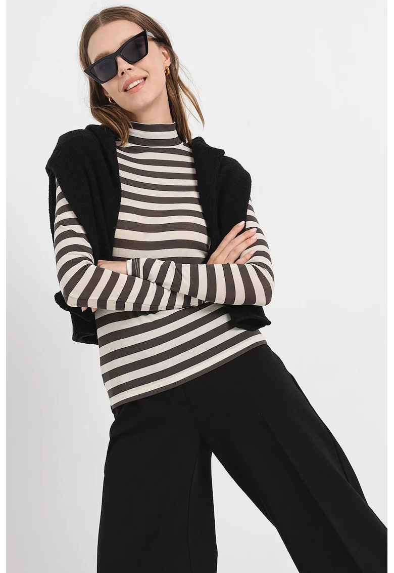 Bluza cu model in dungi si guler inalt, Gri deschis/Alb murdar
