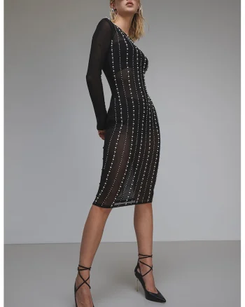 Rochie midi transparenta, Alb fildes/Negru