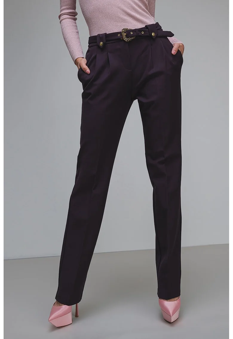 Pantaloni cu croiala dreapta, curea in talie si pliuri frontale, Violet pruna