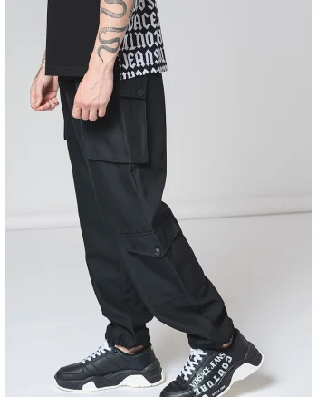 Pantaloni cargo cu banda logo in talie, Alb/Negru