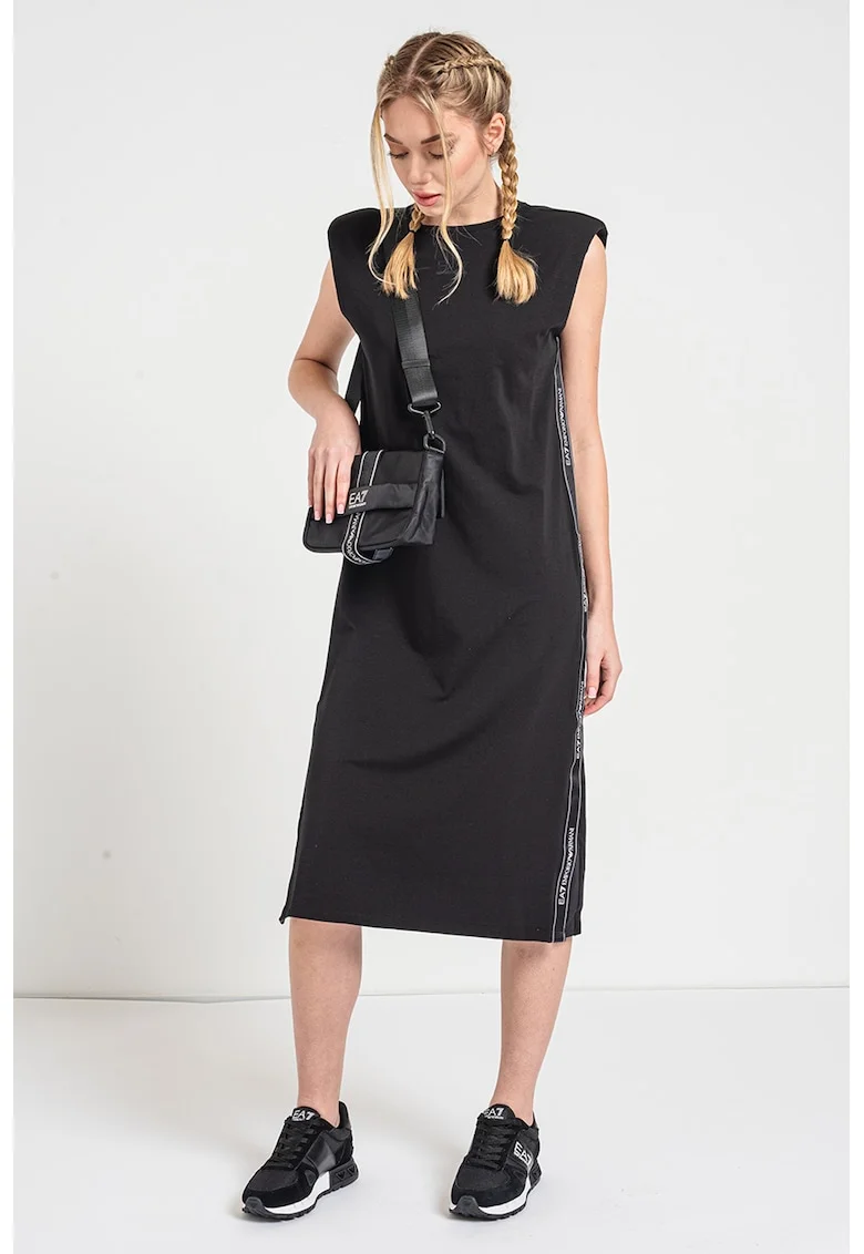 Rochie midi cu benzi logo laterale, Negru