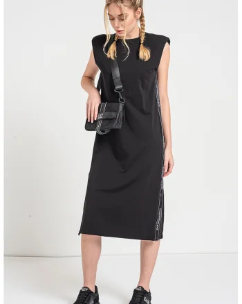Rochie midi cu benzi logo laterale, Negru