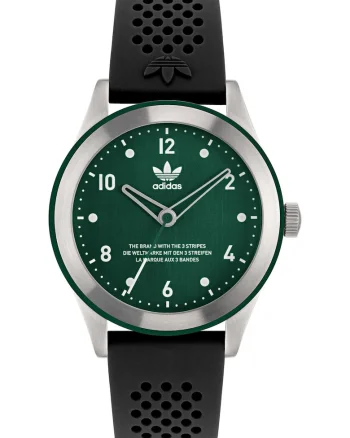 Ceas barbatesc  CODE THREE, curea silicon neagra, carcasa inox argintie, cadran verde