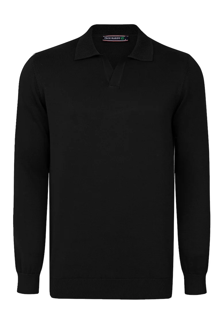 Pulover polo de bumbac cu model uni, Negru