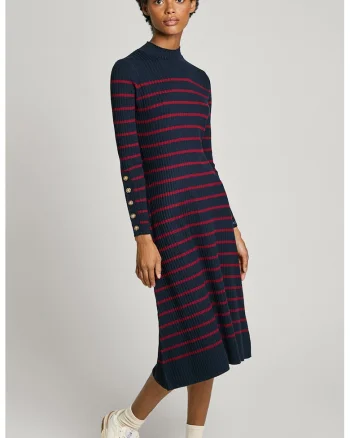 Rochie midi in dungi cu guler inalt, Rosu inchis/Bleumarin