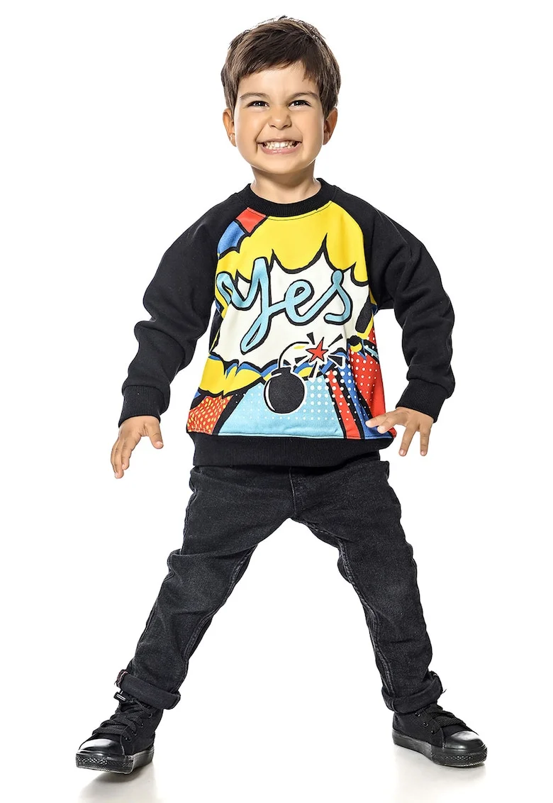 Bluza de trening cu imprimeu grafic si maneci raglan, Negru/Galben/Albastru