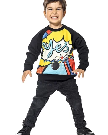 Bluza de trening cu imprimeu grafic si maneci raglan, Negru/Galben/Albastru