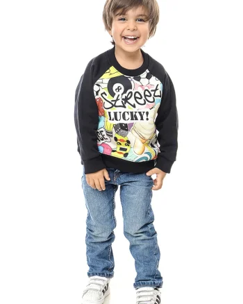 Bluza de trening cu imprimeu grafic si maneci raglan, Negru/Galben