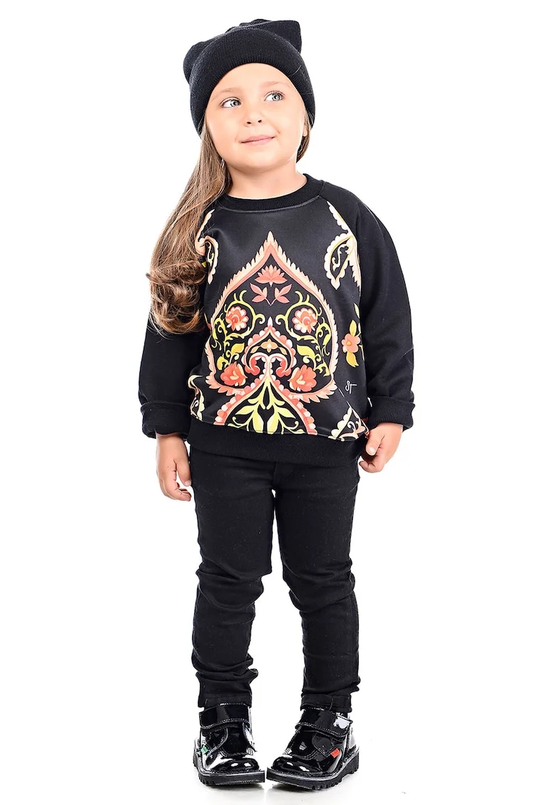 Bluza de trening din bumbac cu decolteu la baza gatului si imprimeu grafic, Negru/Coral