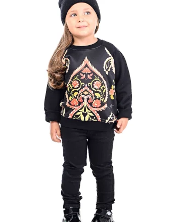 Bluza de trening din bumbac cu decolteu la baza gatului si imprimeu grafic, Negru/Coral
