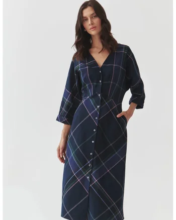 Rochie din carouri cu maneci 3/4, Bleumarin