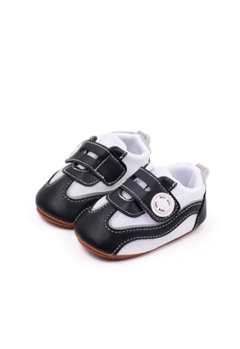 Pantofi Sport  Model Baby, Piele ecologica, Velcro, Alb/Negru