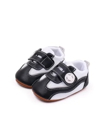 Pantofi Sport  Model Baby, Piele ecologica, Velcro, Alb/Negru