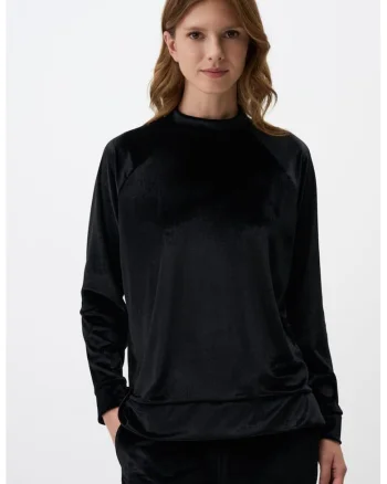 Bluza de trening catifelata cu decolteu rotund, Negru