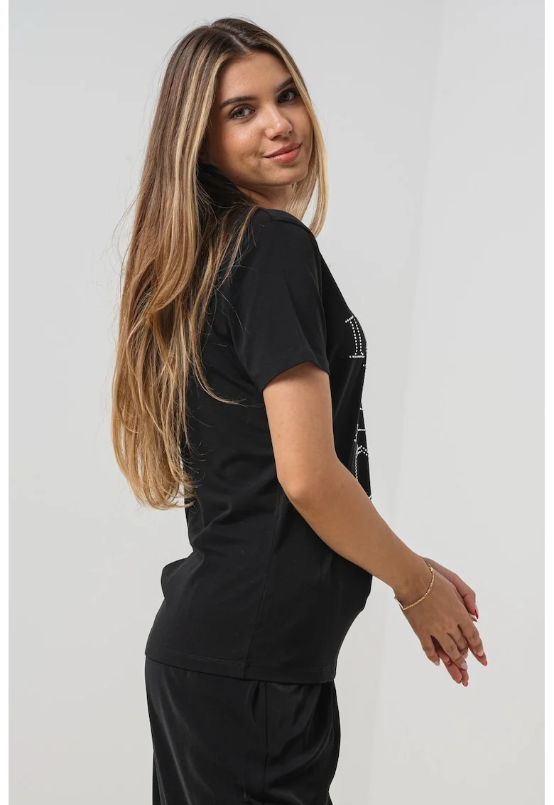 Tricou din amestec de bumbac cu decolteu la baza gatului, Negru/Argintiu