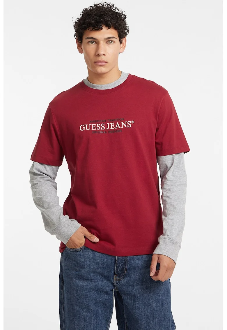 Tricou de bumbac cu imprimeu logo, Gri/Rosu inchis