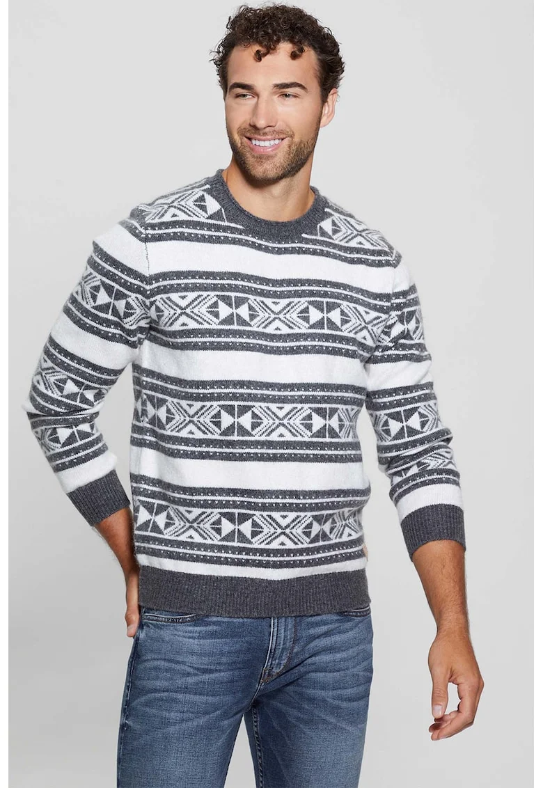 Pulover cu model Fair Isle, Alb/Gri melange