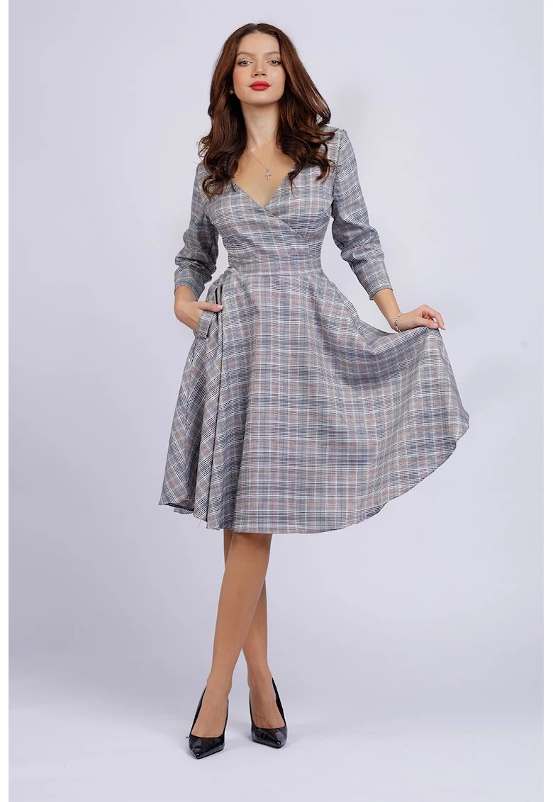 Rochie midi cu croiala in A si buzunare, Gri deschis/Portocaliu pal/Alb murdar