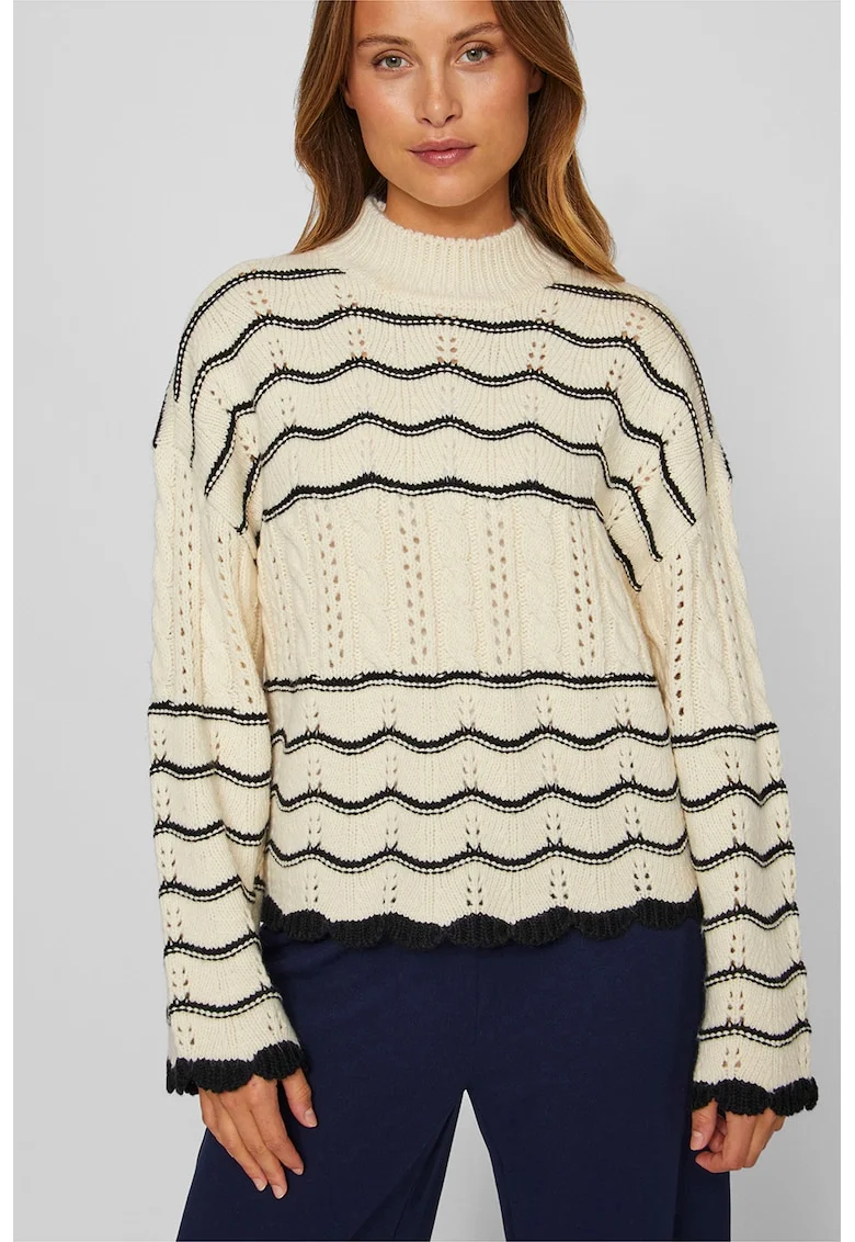 Pulover cu model in dungi si maneci cazute, Negru/Crem
