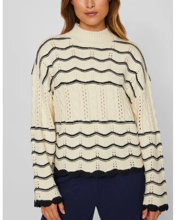 Pulover cu model in dungi si maneci cazute, Negru/Crem