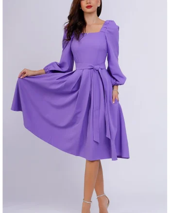 Rochie midi cu croiala in A si maneci bufante, Lila