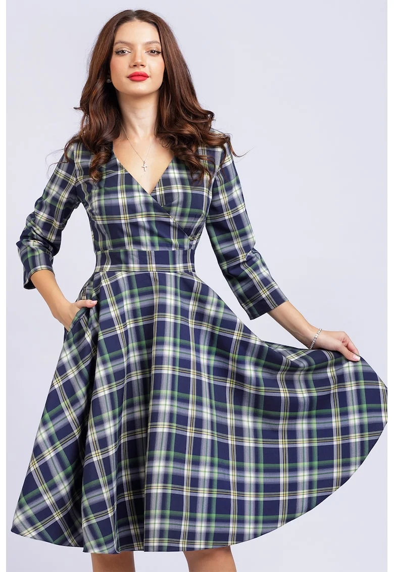 Rochie midi cu croiala in A si buzunare, Verde/Galben/Bleumarin