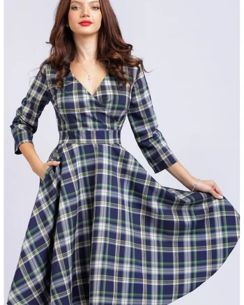 Rochie midi cu croiala in A si buzunare, Verde/Galben/Bleumarin