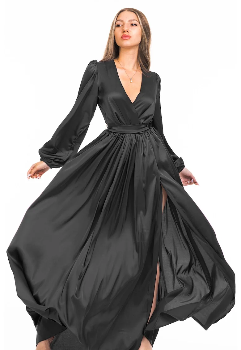 Rochie maxi evazata cu slit si model petrecut, Negru stins
