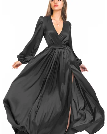 Rochie maxi evazata cu slit si model petrecut, Negru stins
