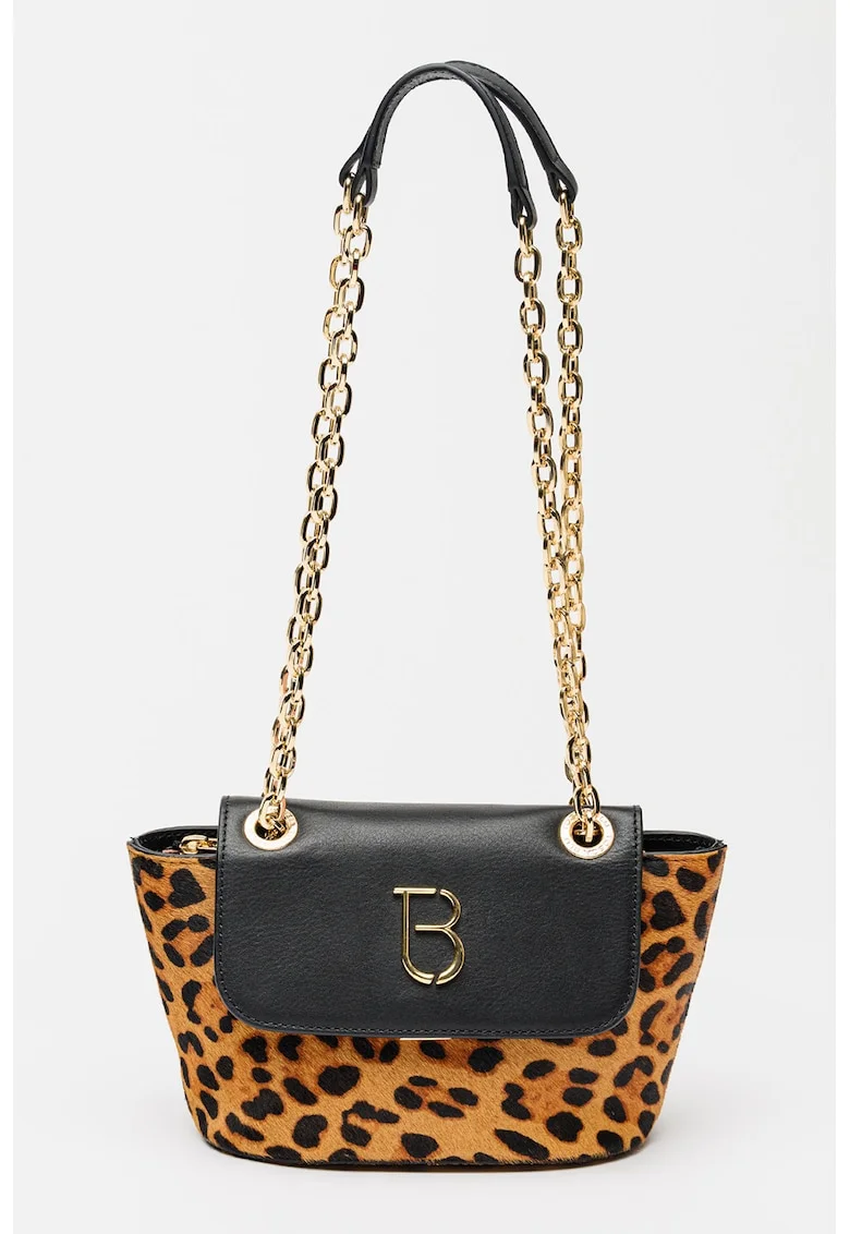 Geanta din piele cu par scurt si animal print Violet, Negru/Maro