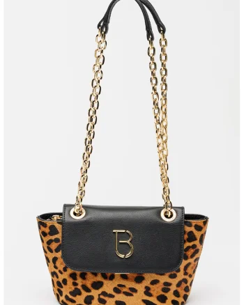 Geanta din piele cu par scurt si animal print Violet, Negru/Maro