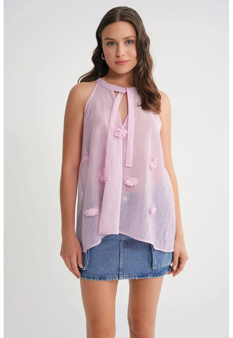 Maiou  cu volane, decolteu in V, roz pudra, textil