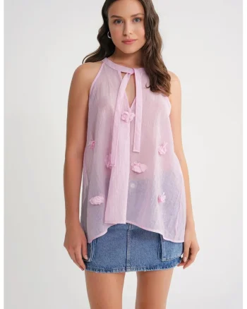 Maiou  cu volane, decolteu in V, roz pudra, textil