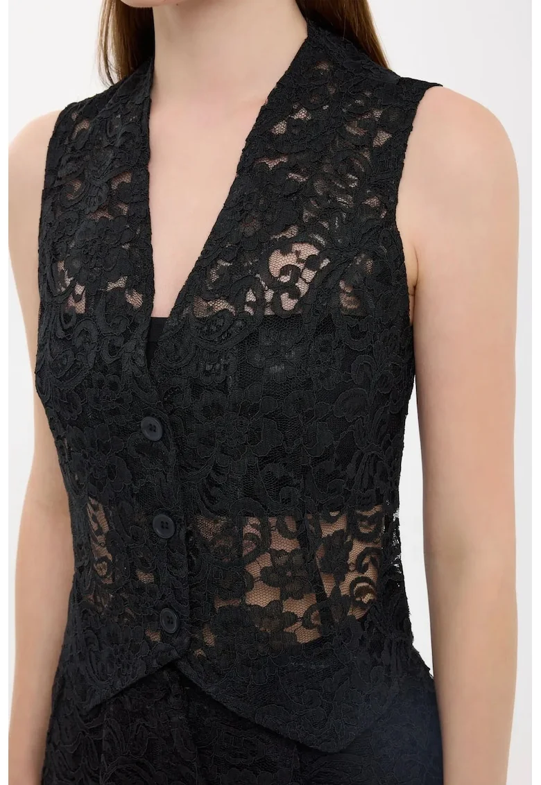 Top vesta dama,  fara maneci, dantela, negru, textil,