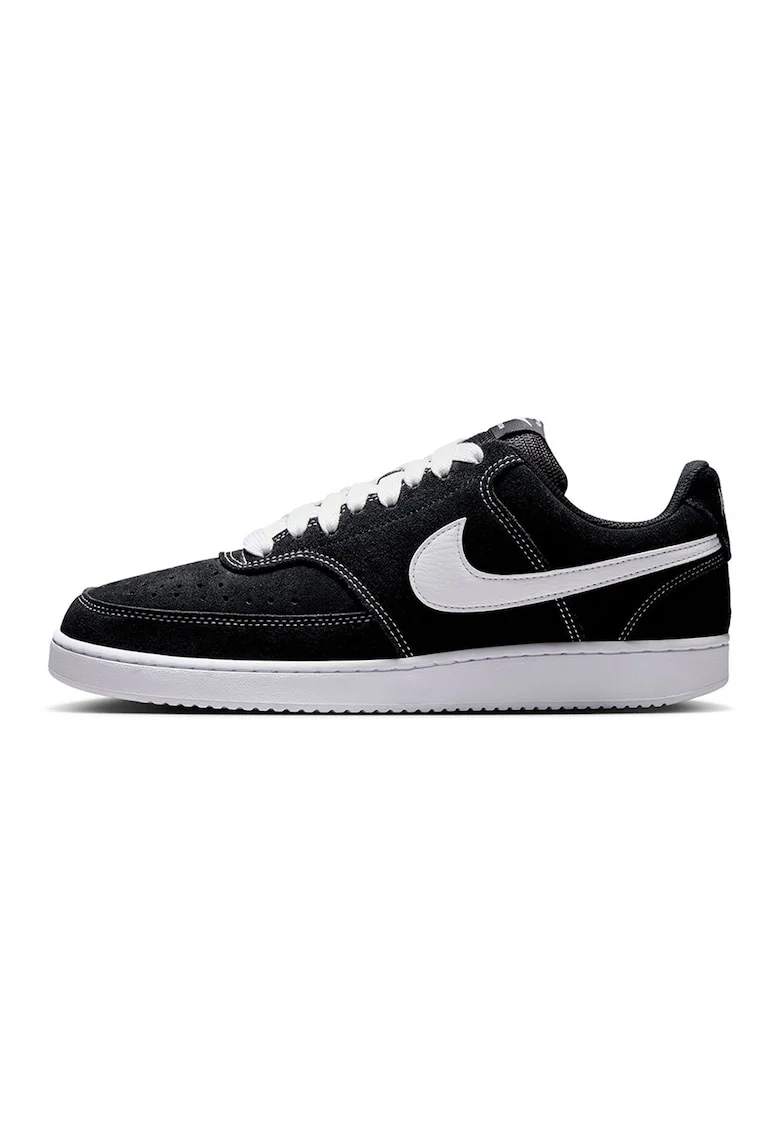 Pantofi sport Court Vision low-cut din piele intoarsa, Negru/Alb optic