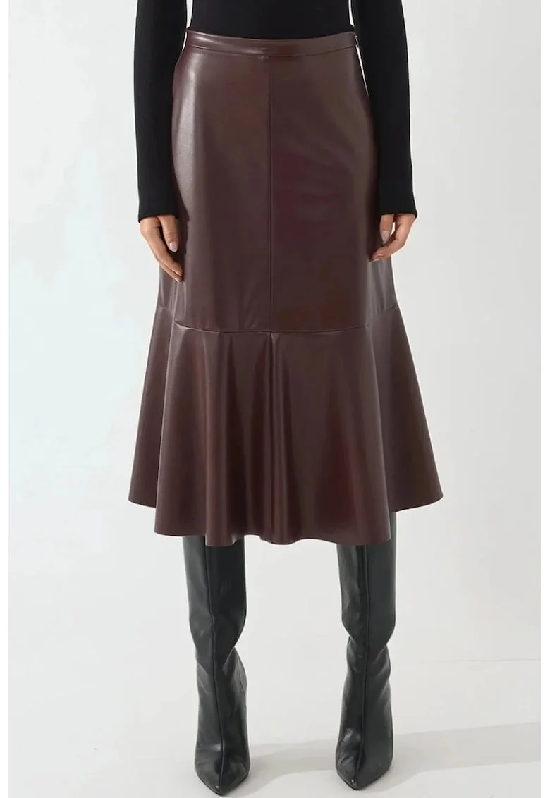 Fusta midi, din imitatie de piele, talie inalta, Rosu Burgund, Visiniu