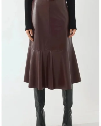 Fusta midi, din imitatie de piele, talie inalta, Rosu Burgund, Visiniu