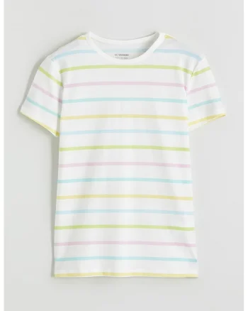 Tricou din bumbac cu dungi, Alb/Roz deschis/Albastru glaciar