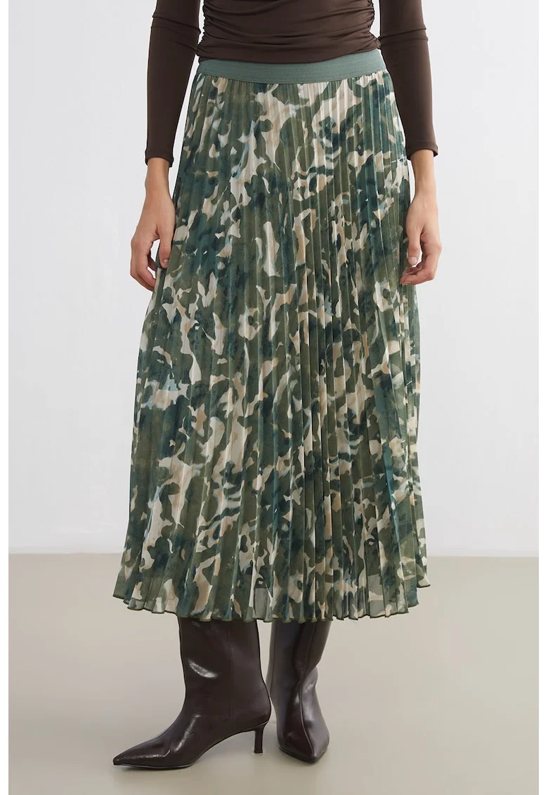Fusta plisata cu banda elastica in talie si model, Verde masliniu inchis/Verde persan/Bej deschis