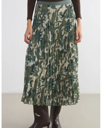 Fusta plisata cu banda elastica in talie si model, Verde masliniu inchis/Verde persan/Bej deschis