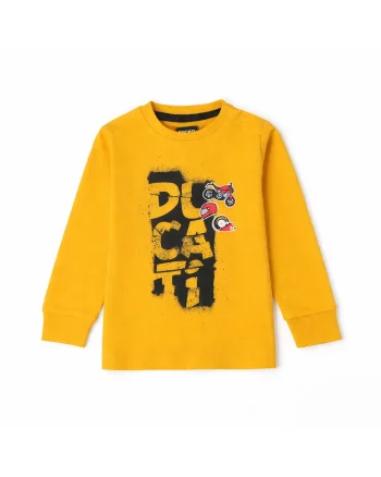 Tricou  pentru baieti bumbac interlock guler rotund imprimeu moto, galben mustar