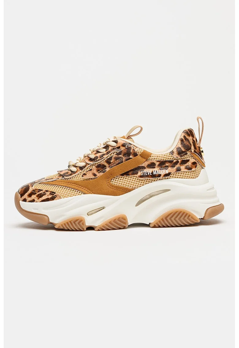 Pantofi sport Possession cu aspect masiv si insertii din plasa, Maro inchis/Caramel
