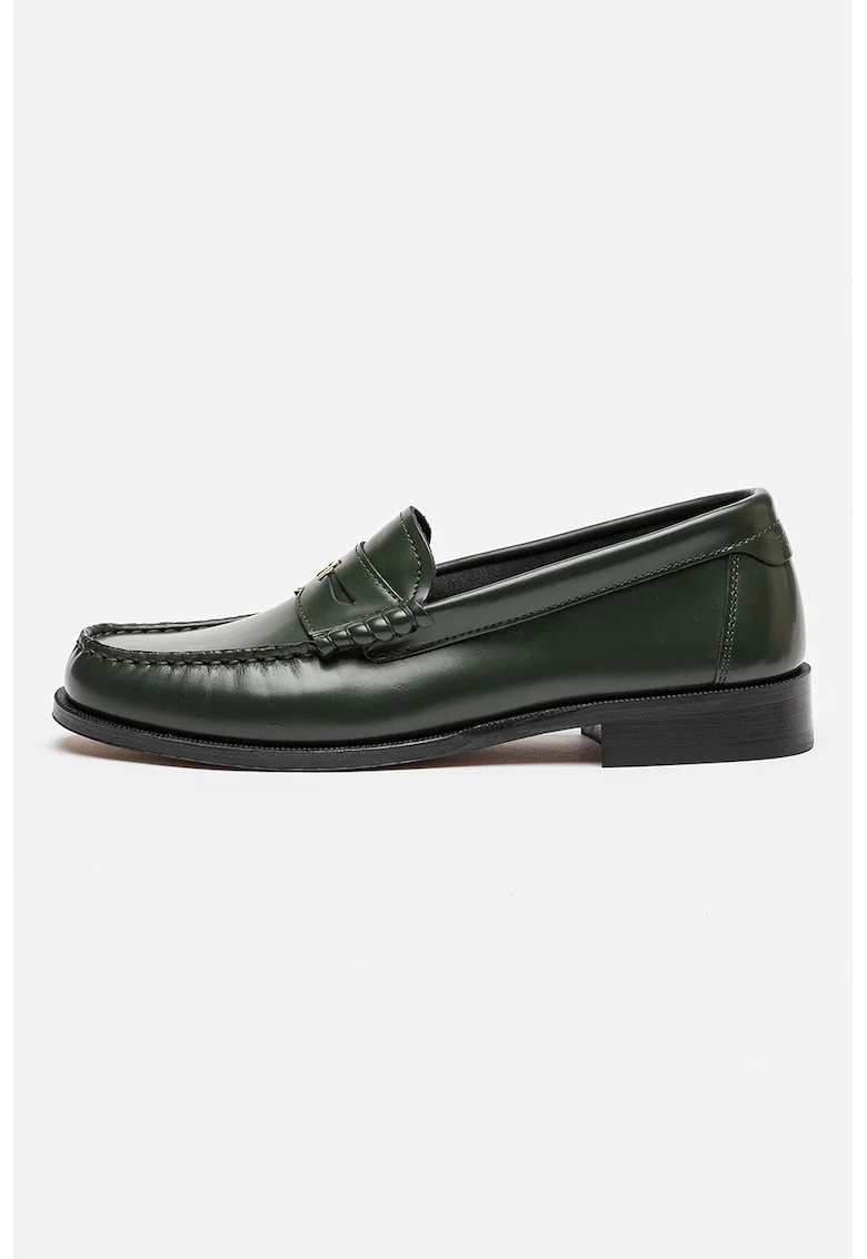 Pantofi loafer din piele cu detaliu metalic, Verde inchis
