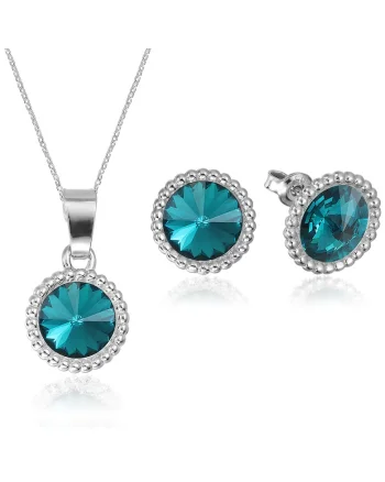 Set Argint 925 placat cu rodiu cu cristale Swarovski® Rivoli Crown 8mm, Albastru aquamarin
