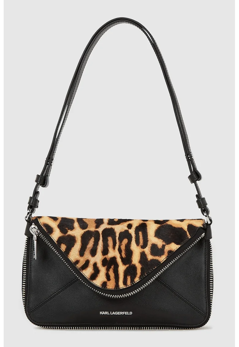 Geanta din piele cu bareta de umar si animal print, Negru/Maro camel