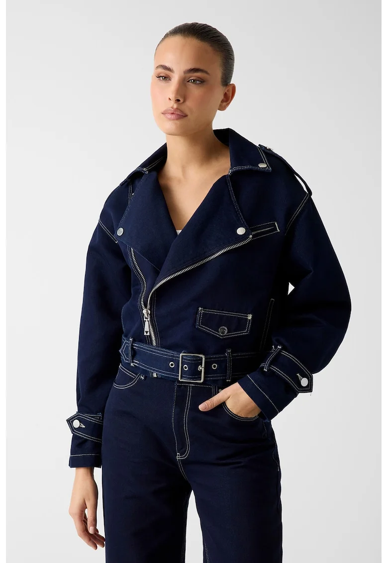 Jacheta din denim cu revere supradimensionate decupate, Bleumarin