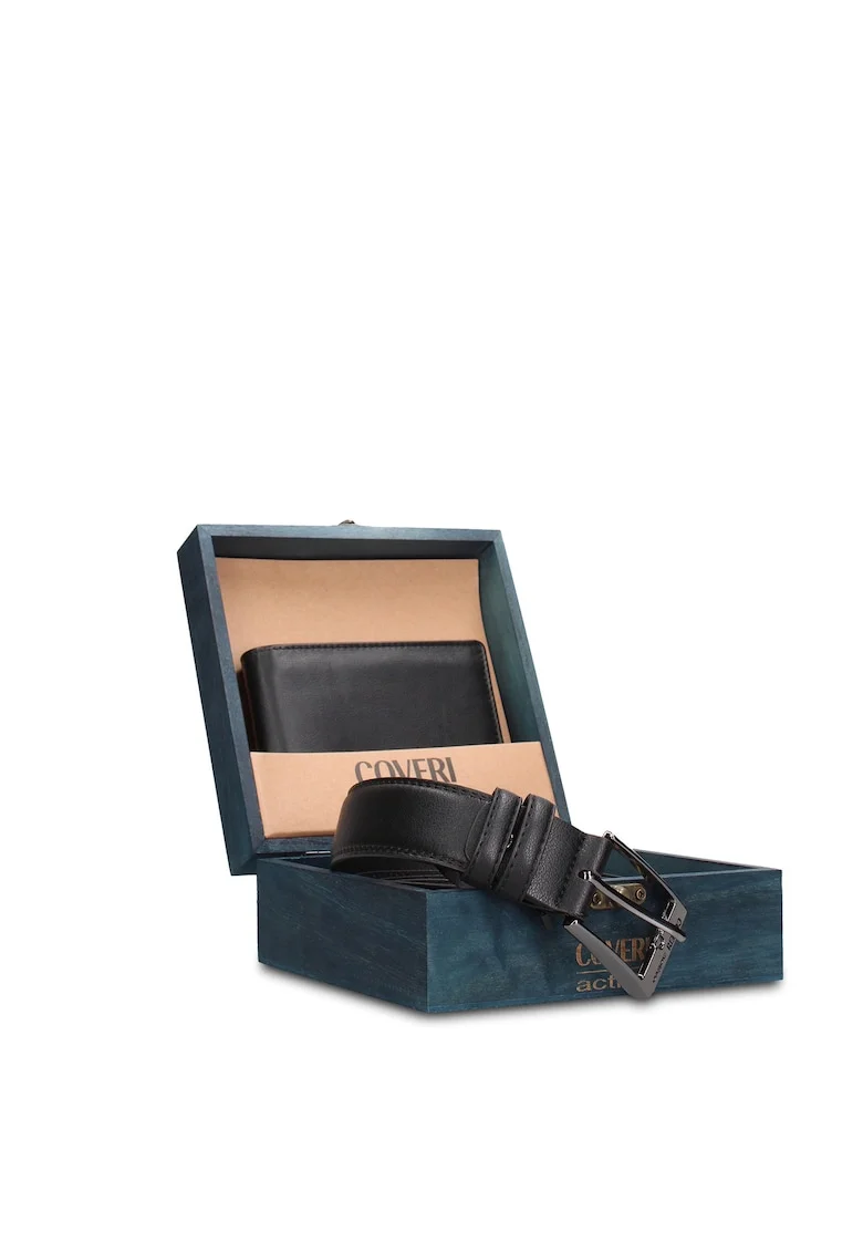 Set de portofel de piele si curea Erewhon - 2 piese, Negru