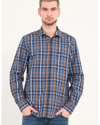 Camasa in carouri cu maneci lungi, Caramel/Albastru